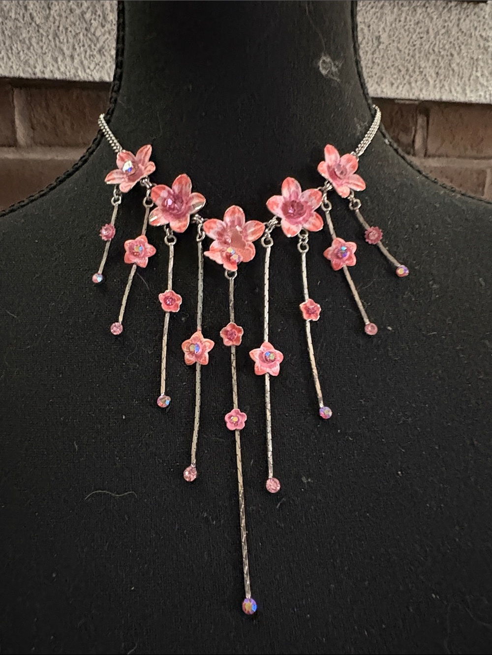 Vintage Pink Floral Drop Necklace - Vintage